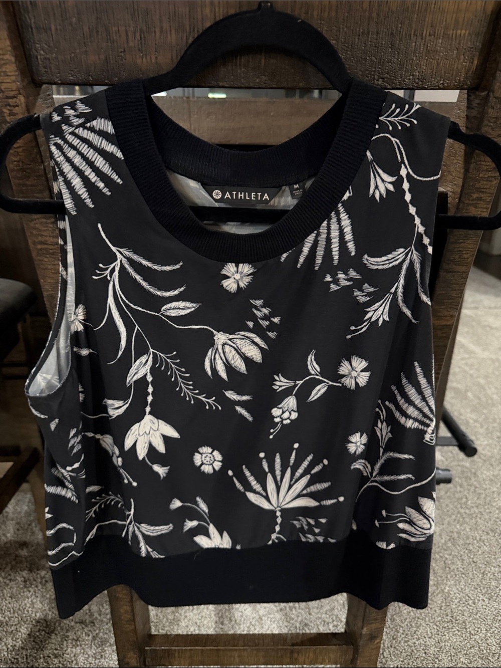 Athleta Black and White Floral Crew Neck Tank